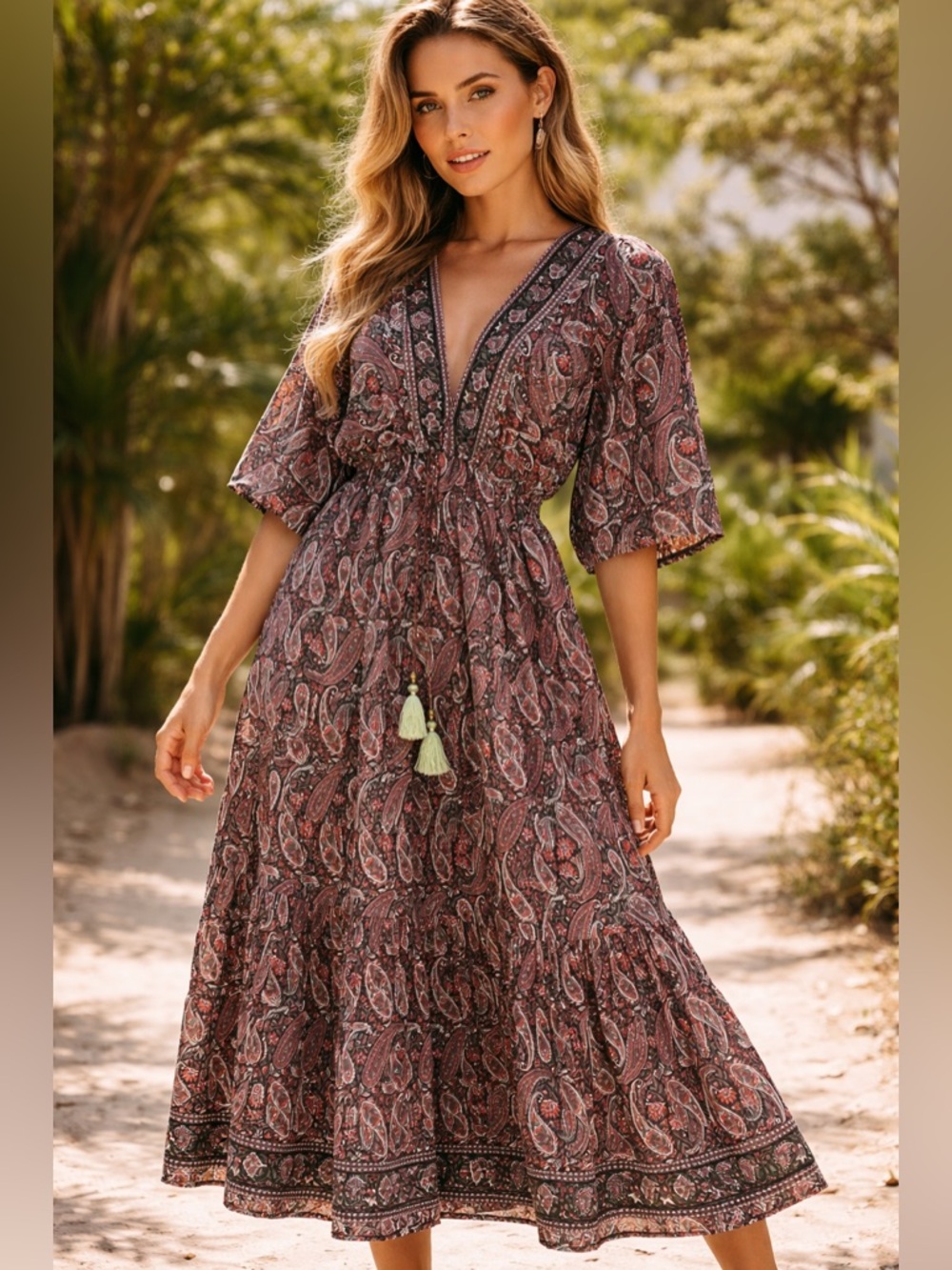 Womens Silk Maxi Dress Tiered Paisley Maxi Boho Tassel Festival Resort Vacation